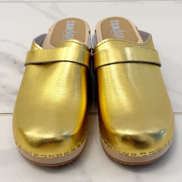 Sandgrens Handmade Swedish Metallic Gold Wood Clogs Low Heel Mule 8 - Picture 3 of 12